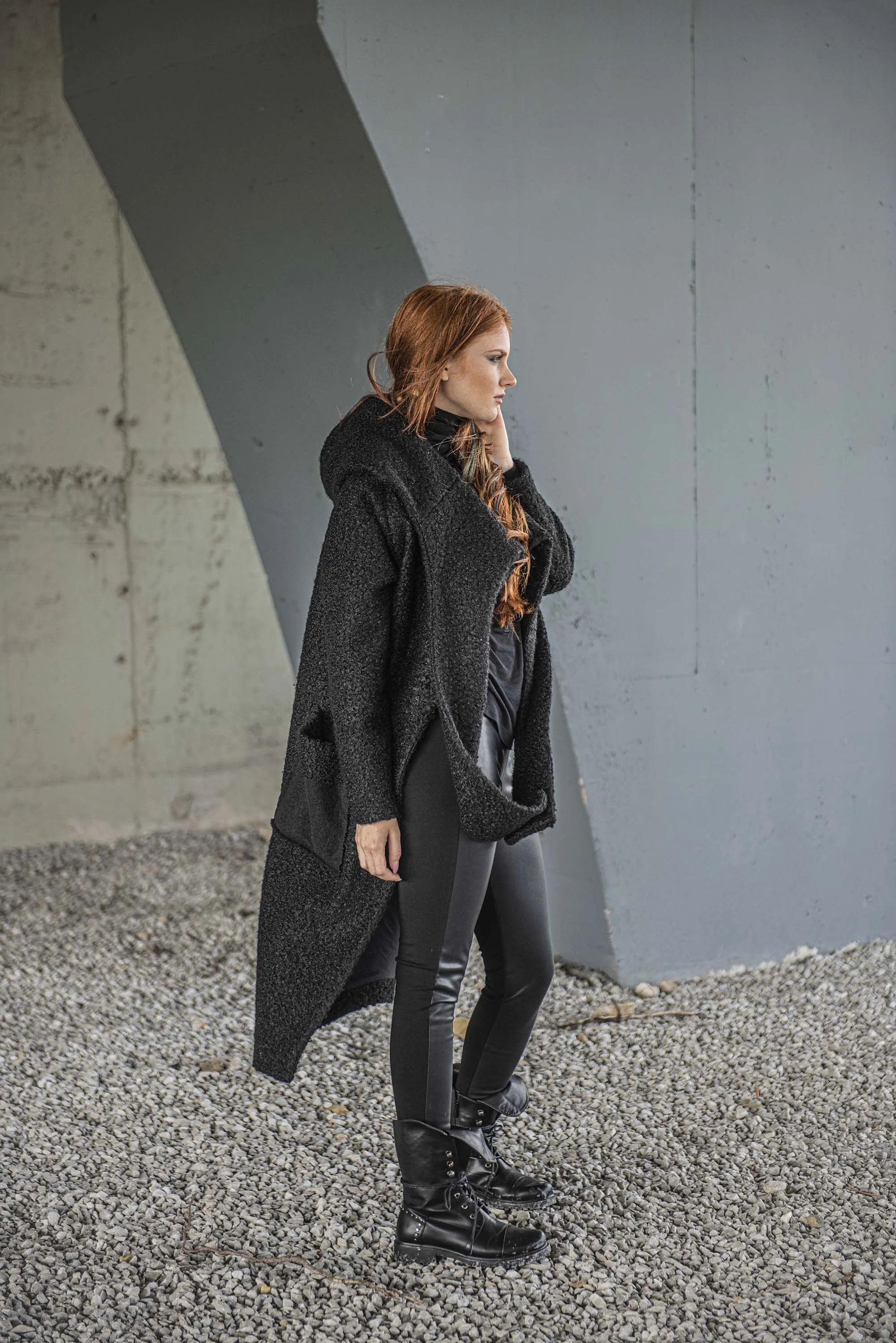 Shawl Hood Coat in Black