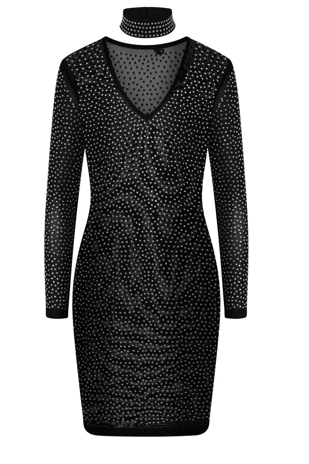 Show Up Black Crystal Rhinestone Sheer Mesh Choker Bodycon Dress