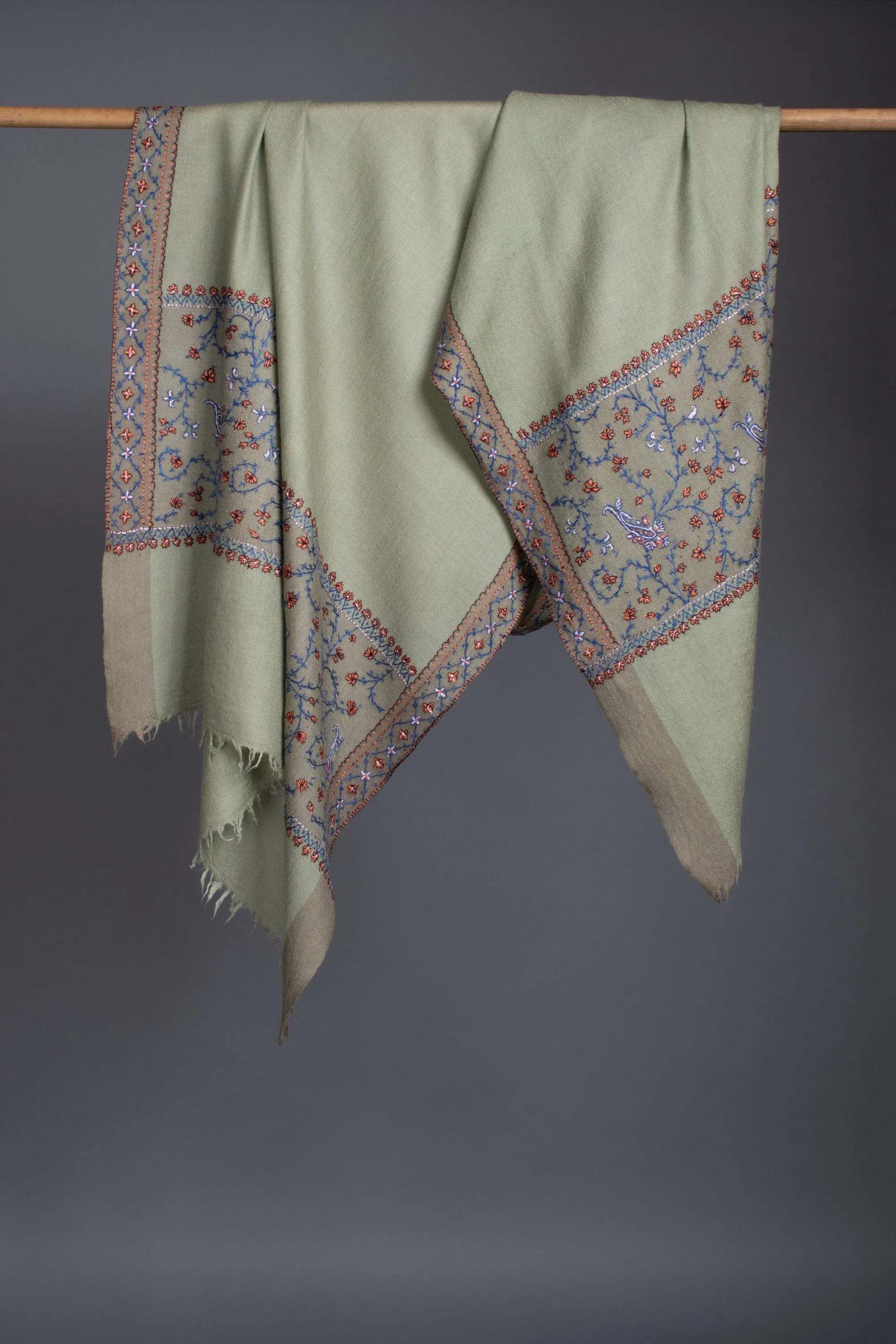 Silk Wool Shawls, Kashmiri Embroidery, Hand Embroidery, Merino Scarves, Green Wraps, Budget Scarves, 28x80" - MAINE