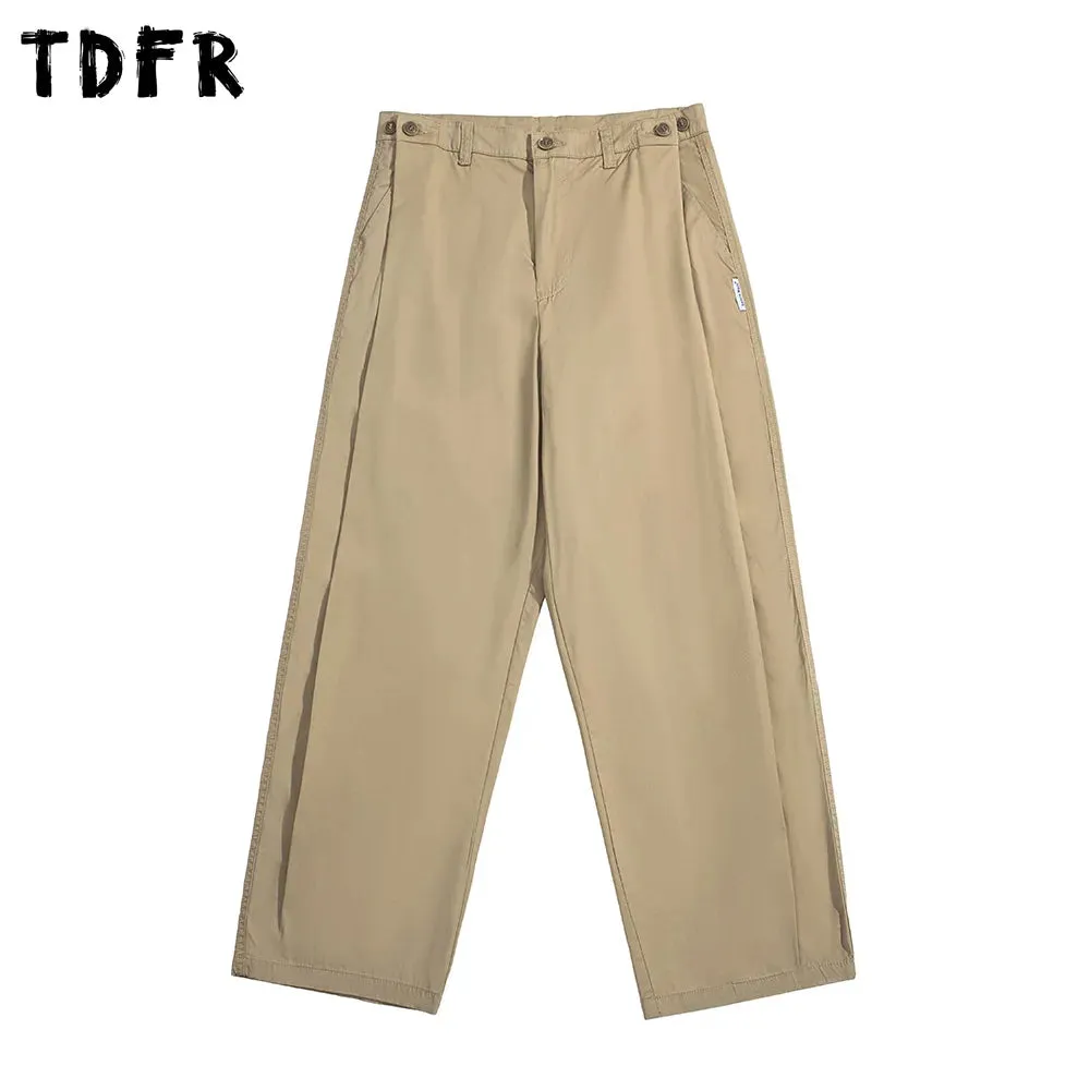 Simple Solid Color Cargo Pants with Button Decoration - Casual Loose Wide Leg Trousers