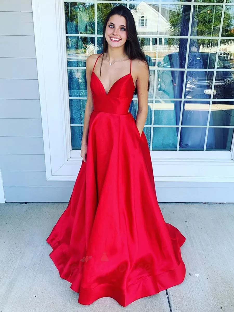 Simple V Neck Backless Red Long Prom 2020 with Pocket, V Neck Backless Red Formal Graduation Evening