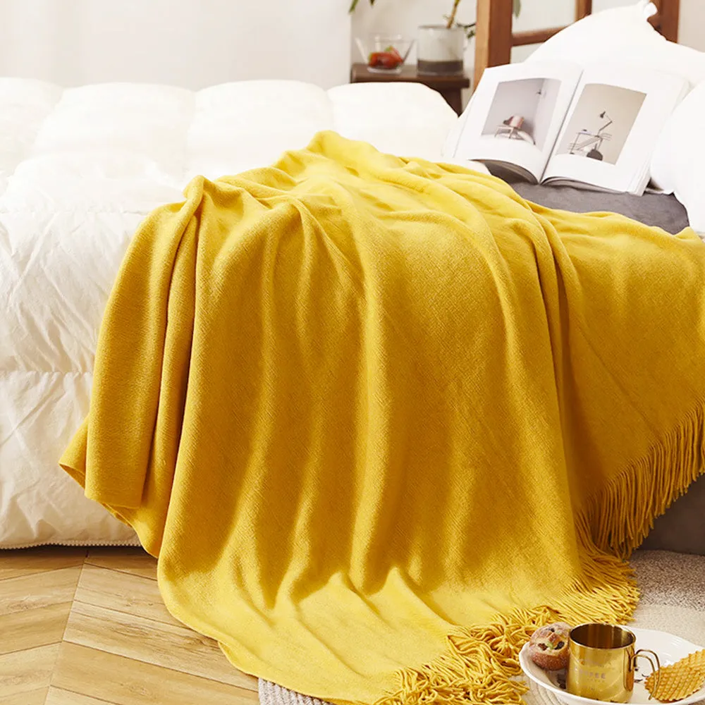 SOGA 2X Yellow Acrylic Knitted Throw Blanket Solid Fringed Warm Cozy Woven Cover Couch Bed Sofa Home Decor