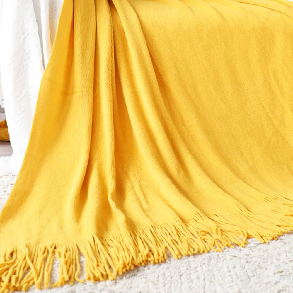 SOGA 2X Yellow Acrylic Knitted Throw Blanket Solid Fringed Warm Cozy Woven Cover Couch Bed Sofa Home Decor