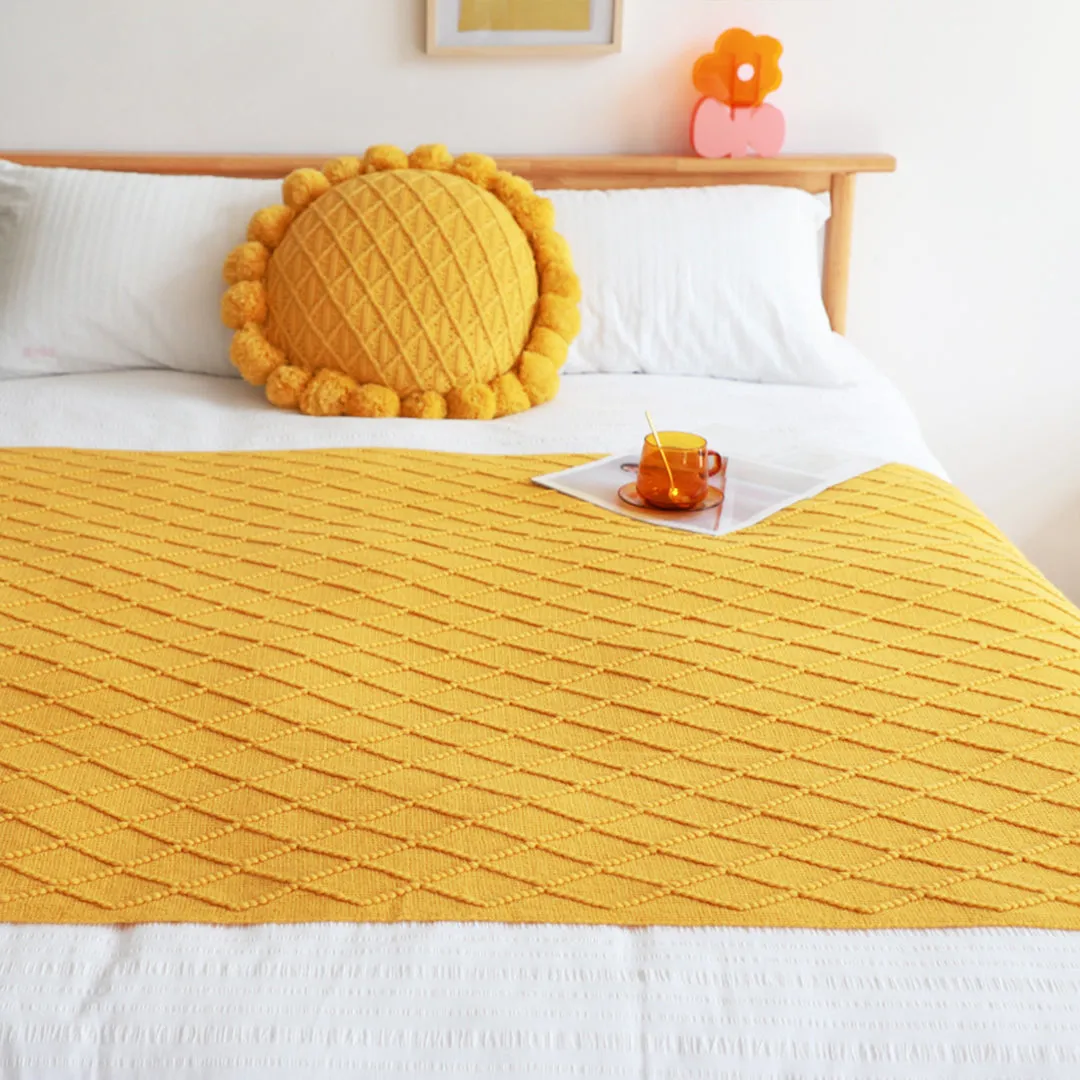 SOGA 2X Yellow Diamond Pattern Knitted Throw Blanket Warm Cozy Woven Cover Couch Bed Sofa Home Decor with Tassels