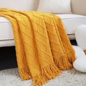 SOGA 2X Yellow Diamond Pattern Knitted Throw Blanket Warm Cozy Woven Cover Couch Bed Sofa Home Decor with Tassels