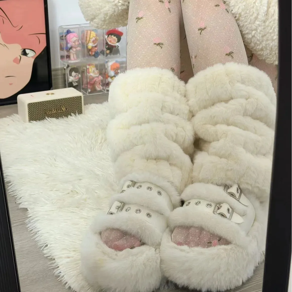 Sohiwoo Thickened Imitation Mink Fur Boots Leg Warmers Women Punk Plush Warm Leggings Boots Cover Mid Length Socks Harajuku Party Socks