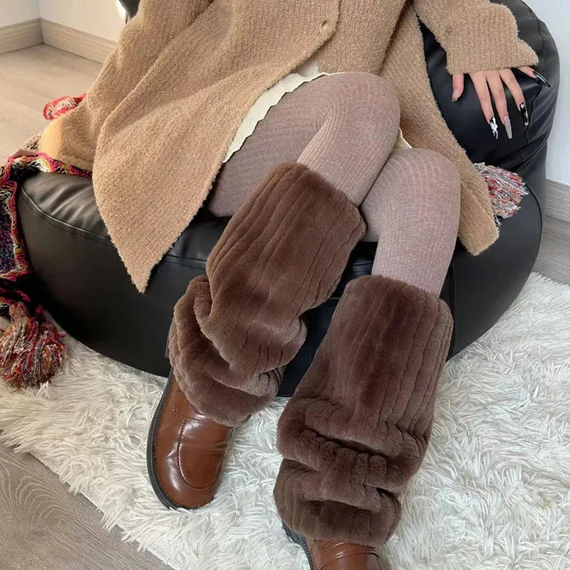 Sohiwoo Thickened Imitation Mink Fur Boots Leg Warmers Women Punk Plush Warm Leggings Boots Cover Mid Length Socks Harajuku Party Socks