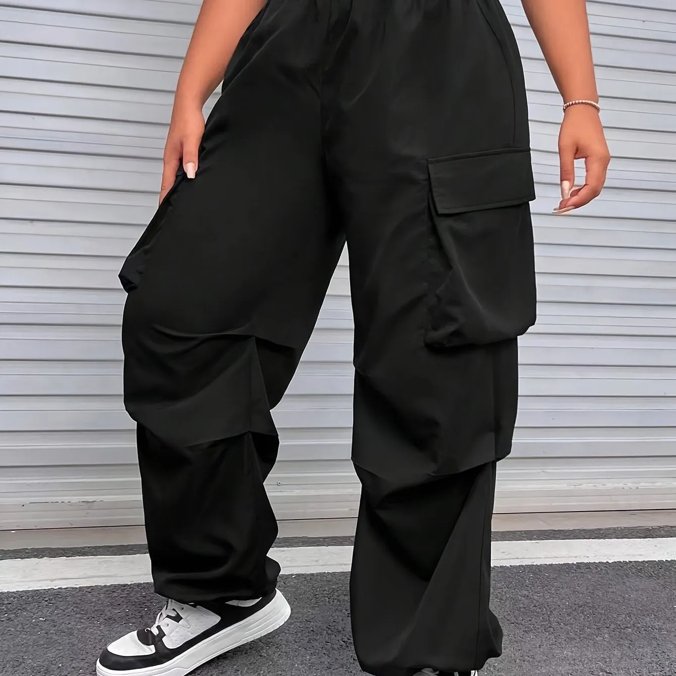 Solid Baggy Cargo Pants - Comfortably Casual with Pocket Elastic Waist