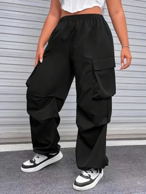 Solid Baggy Cargo Pants - Comfortably Casual with Pocket Elastic Waist