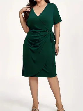 Solid Color Deep V-neck Dresses for Women 2024 Lace-up Short Sleeved Long Dresses Fashionable Casual Chic Plus Size Elegant