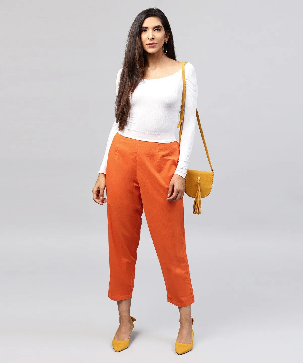 Solid Orange Ankle Length Cotton Regular Fit Trouser