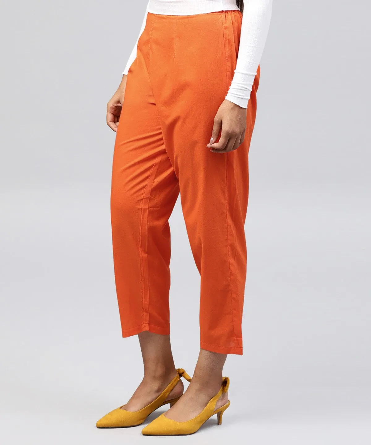 Solid Orange Ankle Length Cotton Regular Fit Trouser