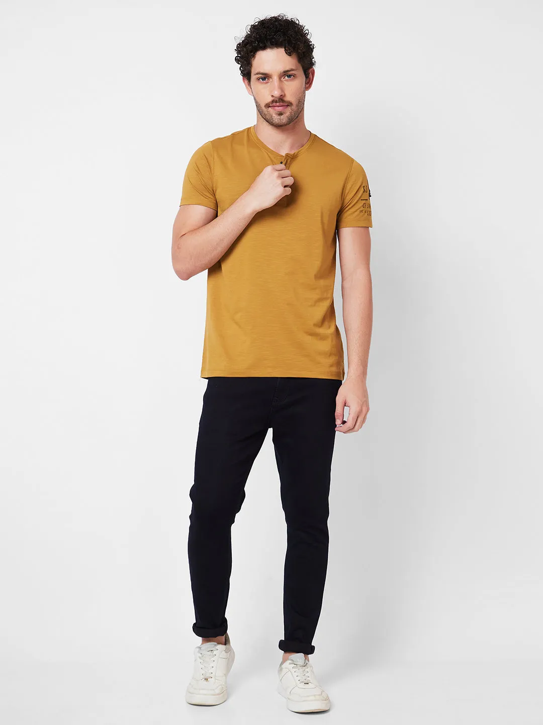 Spykar Henley Neck Half Sleeves Khaki T-Shirt  For Men