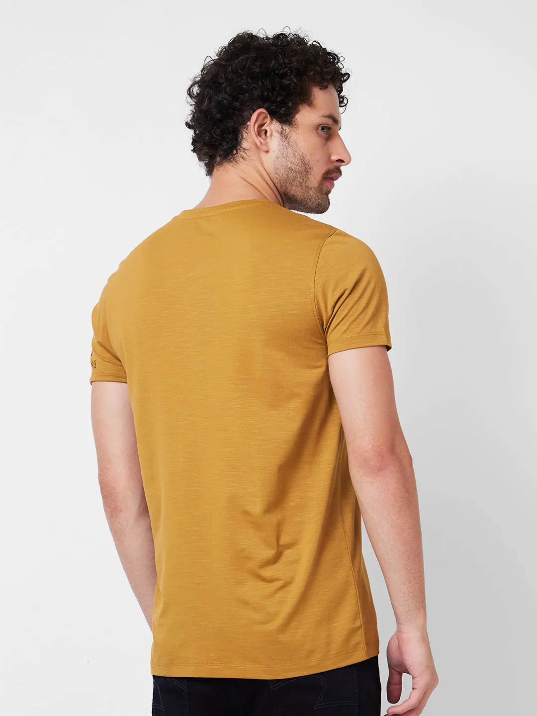 Spykar Henley Neck Half Sleeves Khaki T-Shirt  For Men