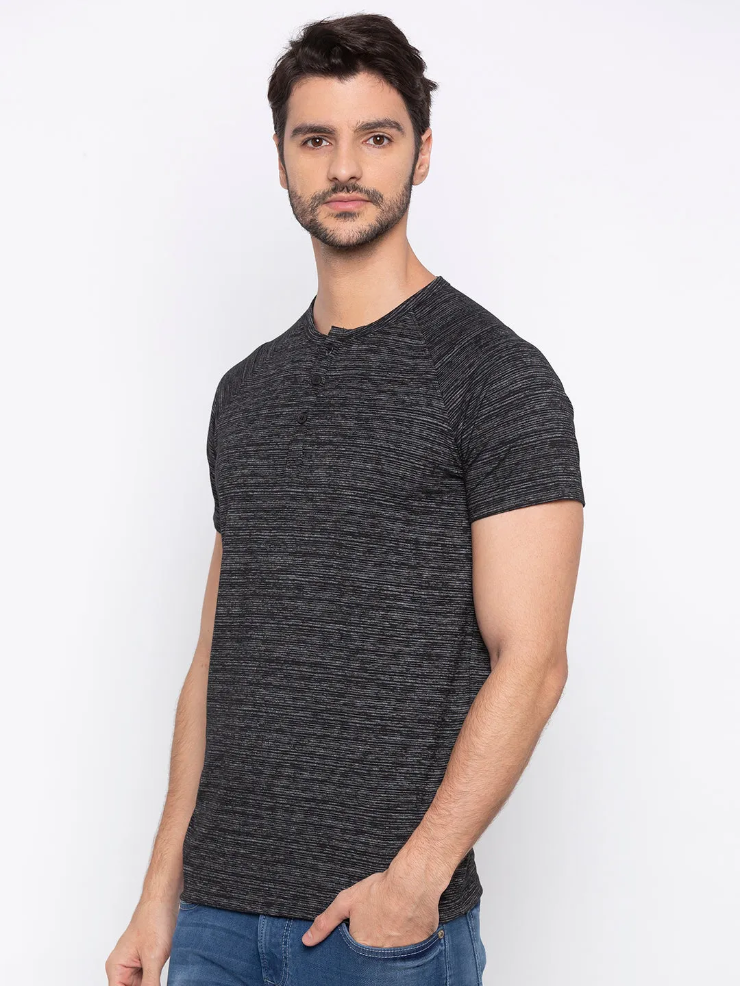 Spykar Men Black Cotton Blend T-Shirt