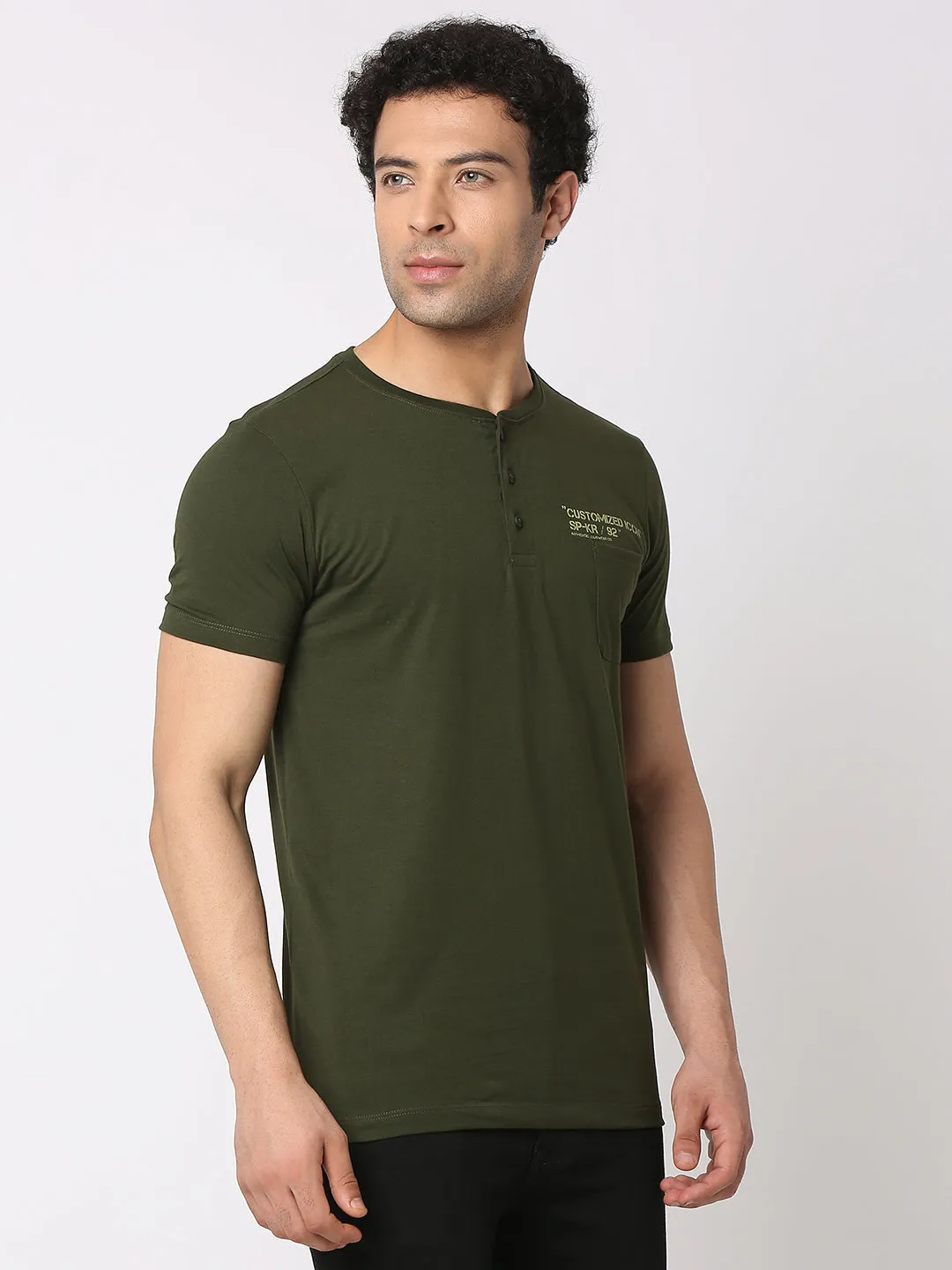 Spykar Men Rifle Green Cotton Slim Fit Henley Neck Plain T-Shirt