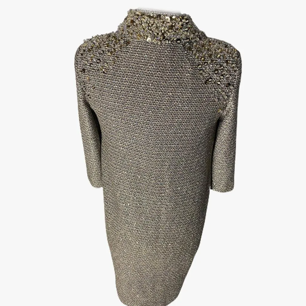 ST. JOHN COUTURE Long Silver Coat with Bead Details | Size US 4