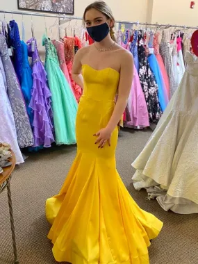 Strapless Mermaid Yellow Satin Long Prom Dresses, Mermaid Yellow Formal Graduation Evening Dresses