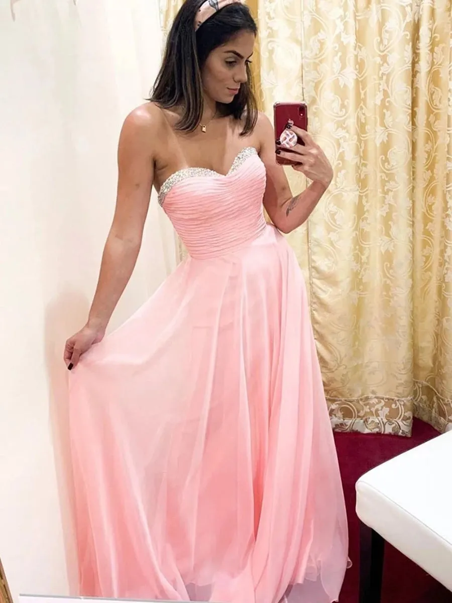 Strapless Sweetheart Neck Pink Chiffon Long Prom with Beading, Strapless Pink Formal Graduation Evening