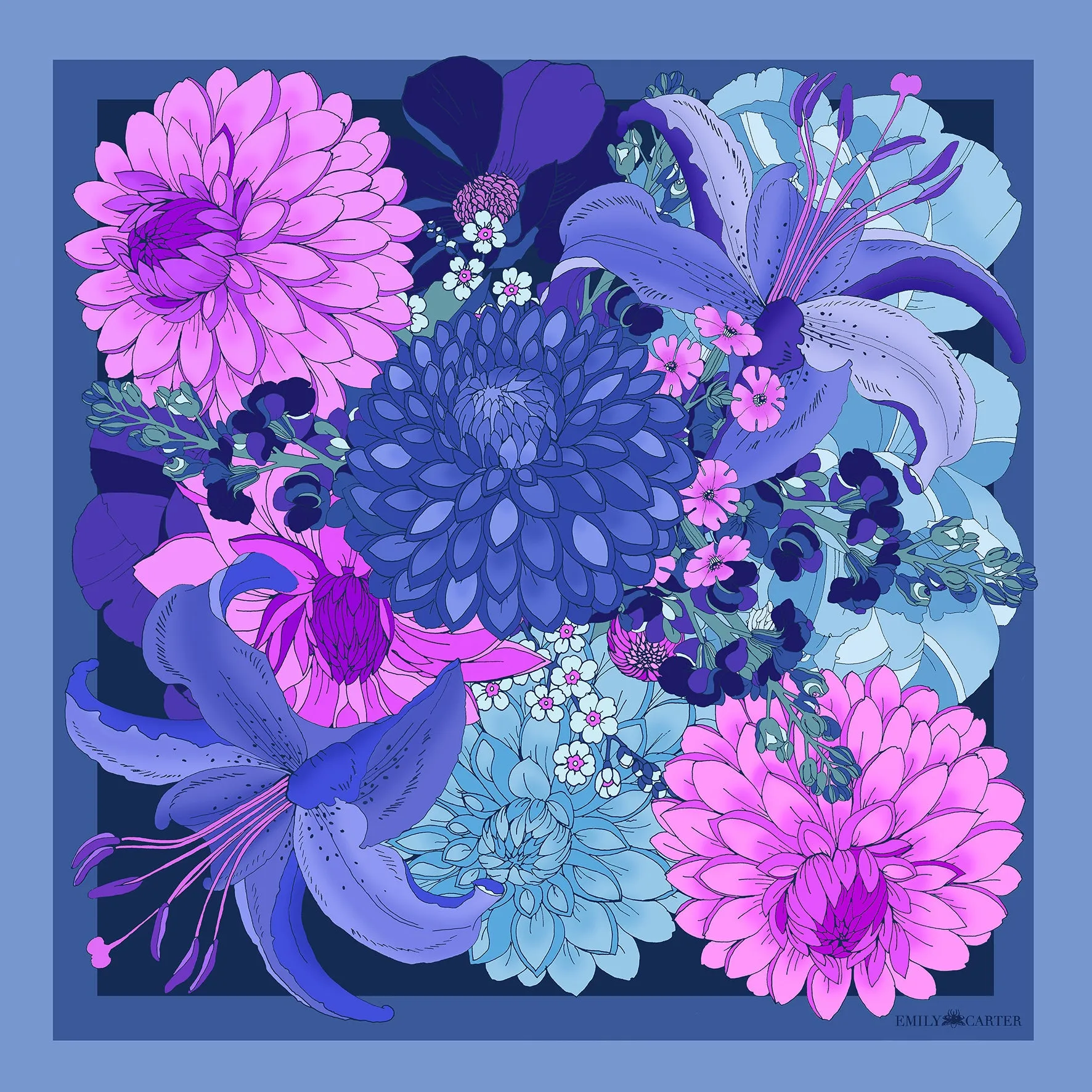 The Dahlia Bouquet Silk Scarf - Indigo | 65x65cm [Preorder]