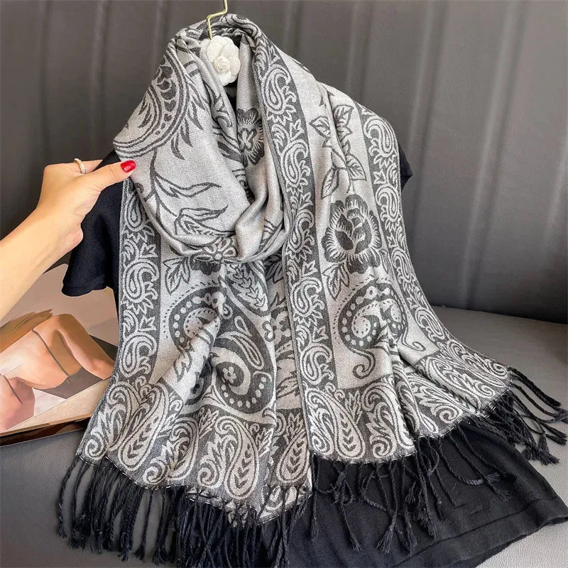 Thick Pashmina New Winter Warm Shawl Wrap Cashmere Scarf for Ladies - Neckerchief Poncho Stoles with Tassel Blanket Design 2024 - Ideal Gift for Women