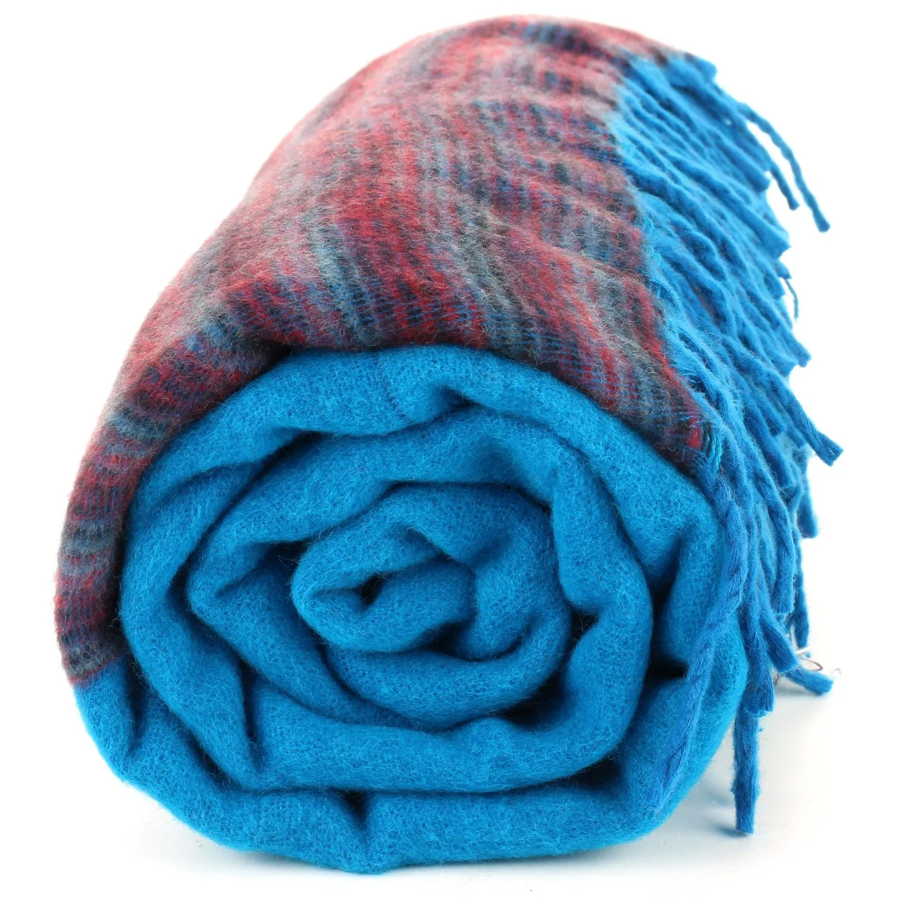 Tibetan Wool Blend Shawl Blanket - Blue with Maroon & Grey Reverse