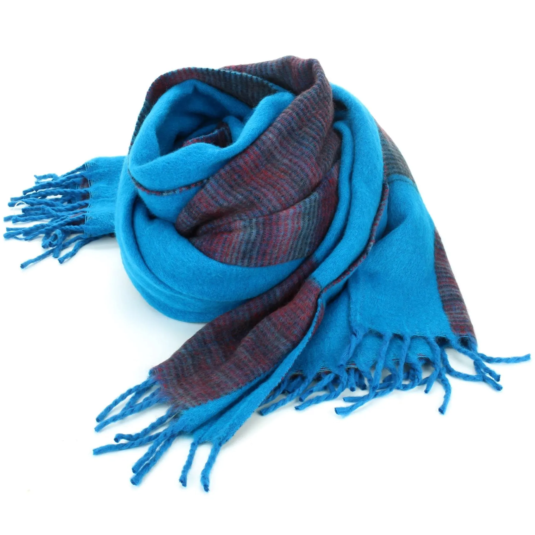 Tibetan Wool Blend Shawl Blanket - Blue with Maroon & Grey Reverse