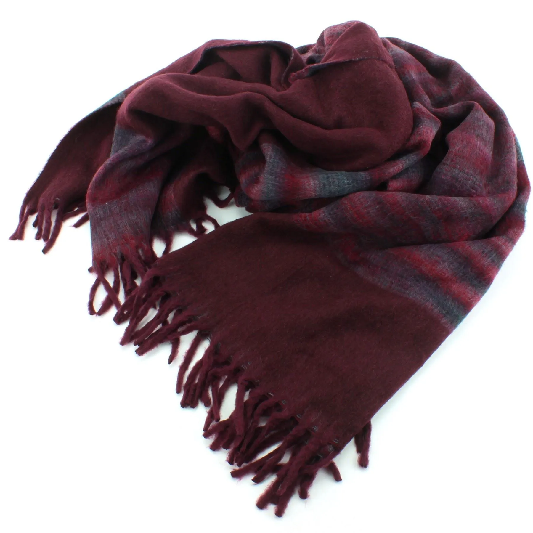 Tibetan Wool Blend Shawl Blanket - Maroon with Maroon & Grey Reverse