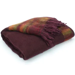 Tibetan Wool Blend Shawl Blanket - Maroon with Sunset Reverse