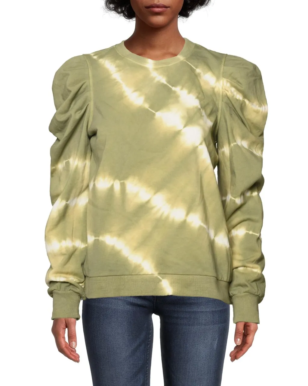 Tie Dye Puff Sleeve Crew Neck Sweatshirt In Olive