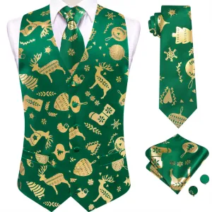 Ties2you Mens Green Gold Christmas Elements Silk Vest Necktie Set