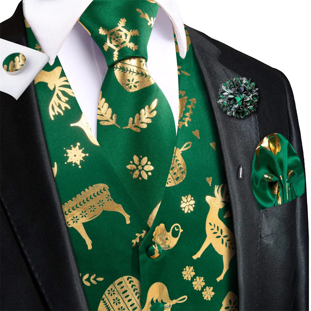 Ties2you Mens Green Gold Christmas Elements Silk Vest Necktie Set