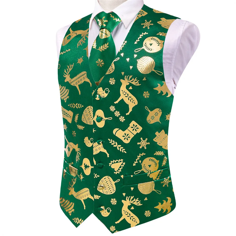 Ties2you Mens Green Gold Christmas Elements Silk Vest Necktie Set