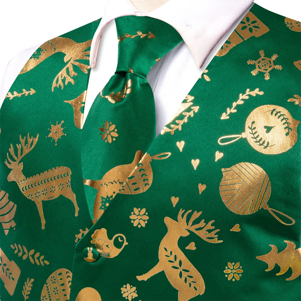 Ties2you Mens Green Gold Christmas Elements Silk Vest Necktie Set