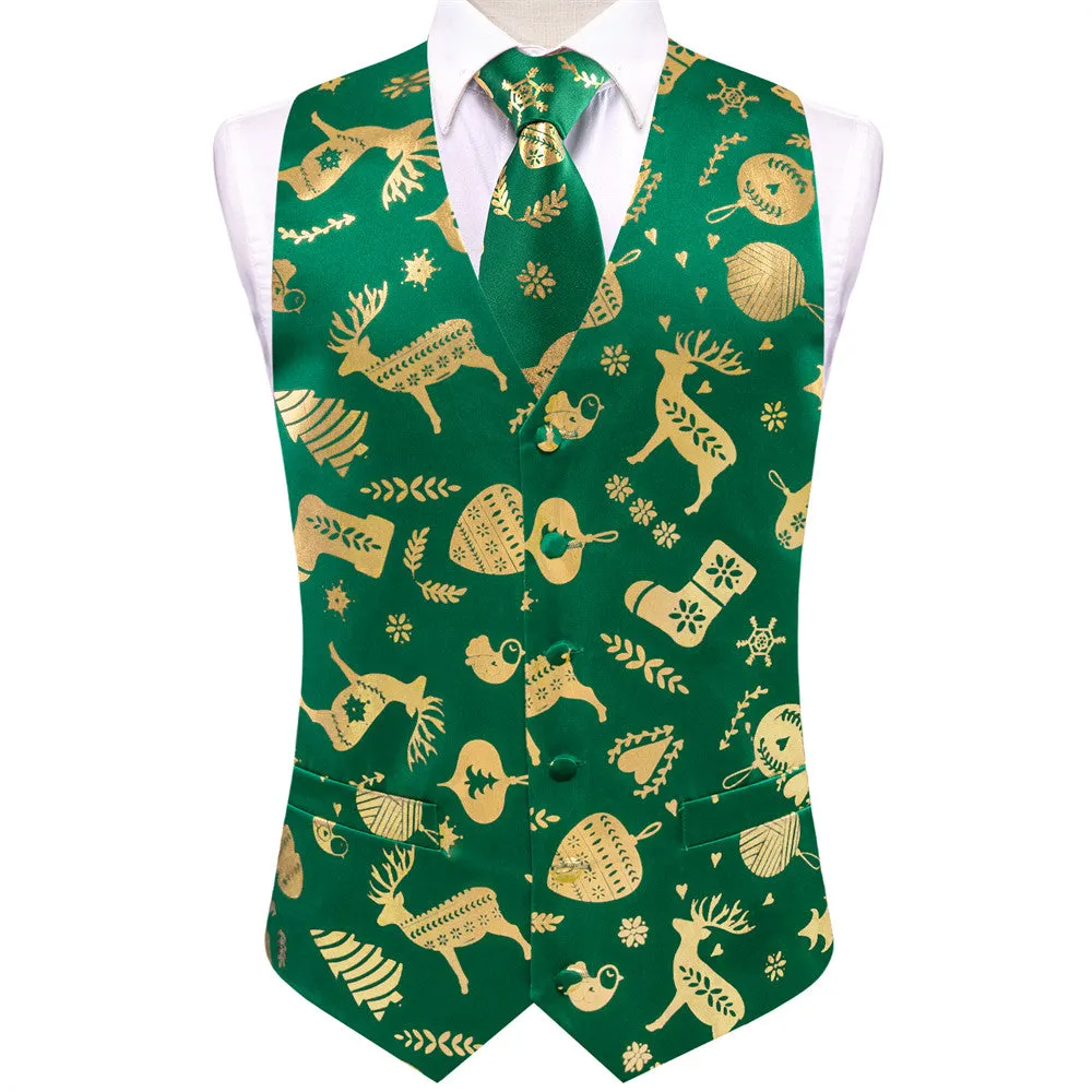 Ties2you Mens Green Gold Christmas Elements Silk Vest Necktie Set