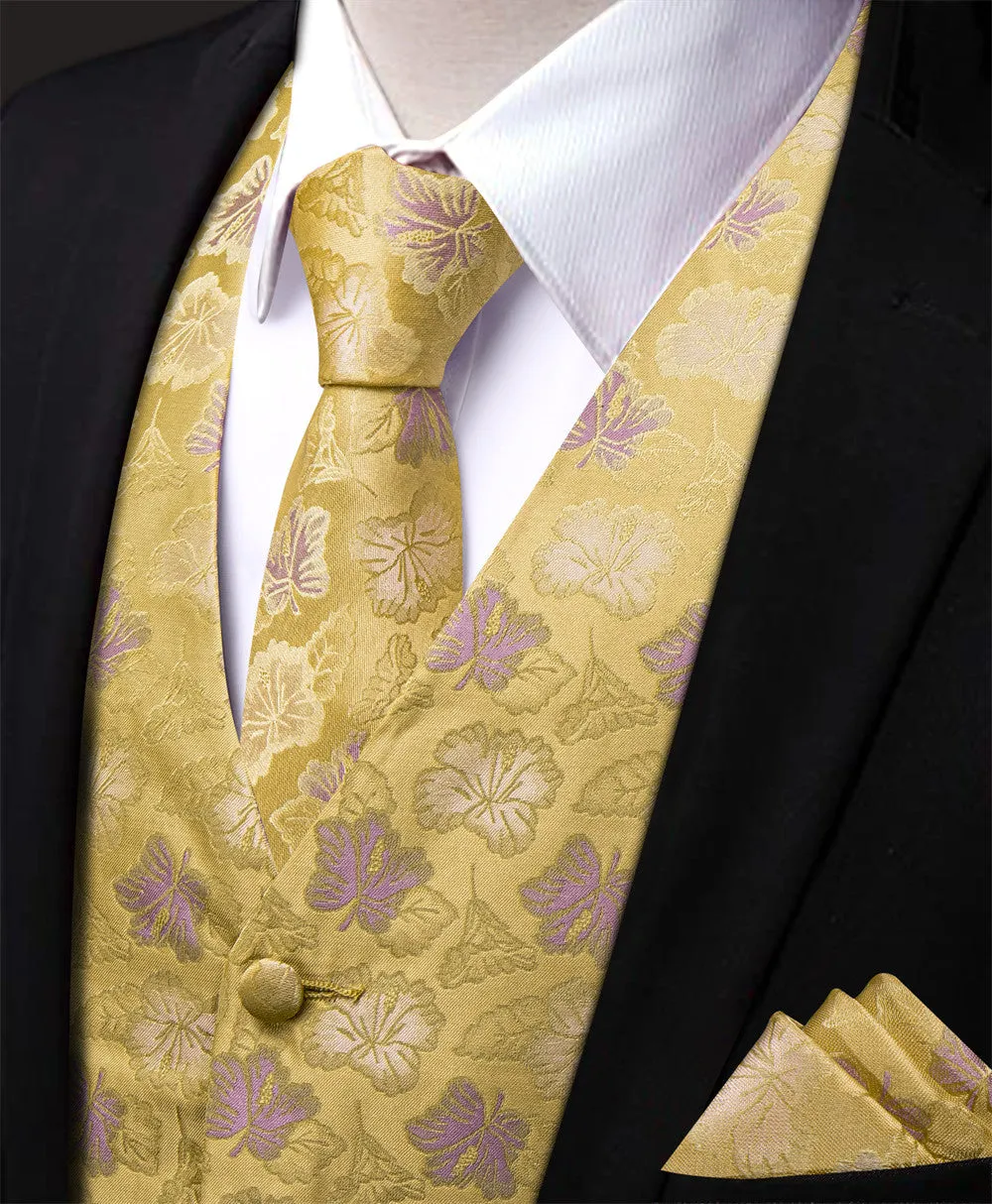 Ties2you Yellow Purple Floral Jacquard Silk Men's Vest Hanky Cufflinks Tie Set