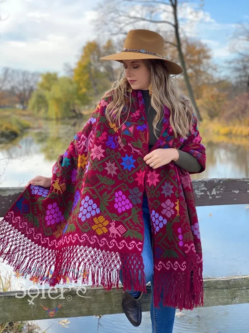 Traditional Mexican Hand Embroidered Shawl. Rebozo Esquinero