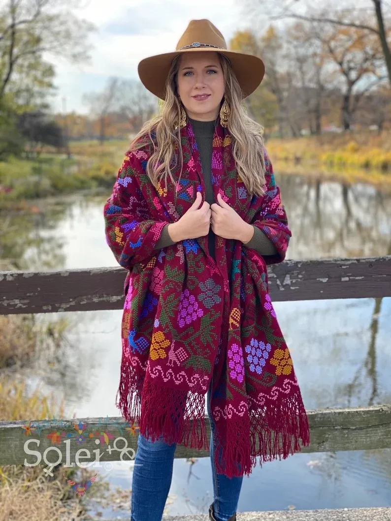 Traditional Mexican Hand Embroidered Shawl. Rebozo Esquinero