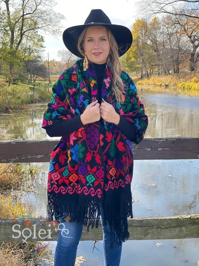 Traditional Mexican Hand Embroidered Shawl. Rebozo Esquinero