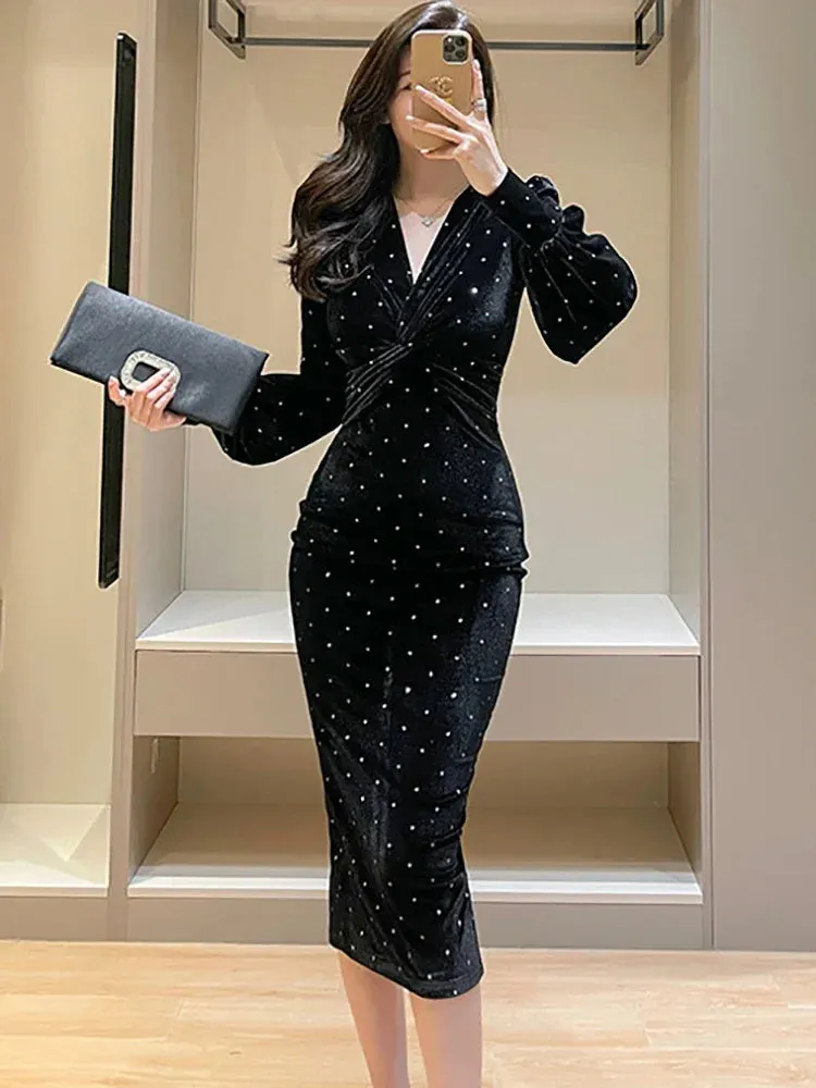 Uniwim Hepburn Black Velvet Polka Dot Bodycon Women's Long Dress Autumn Winter Luxury Party Vestidos 2024 Korean Elegant Evening Dress