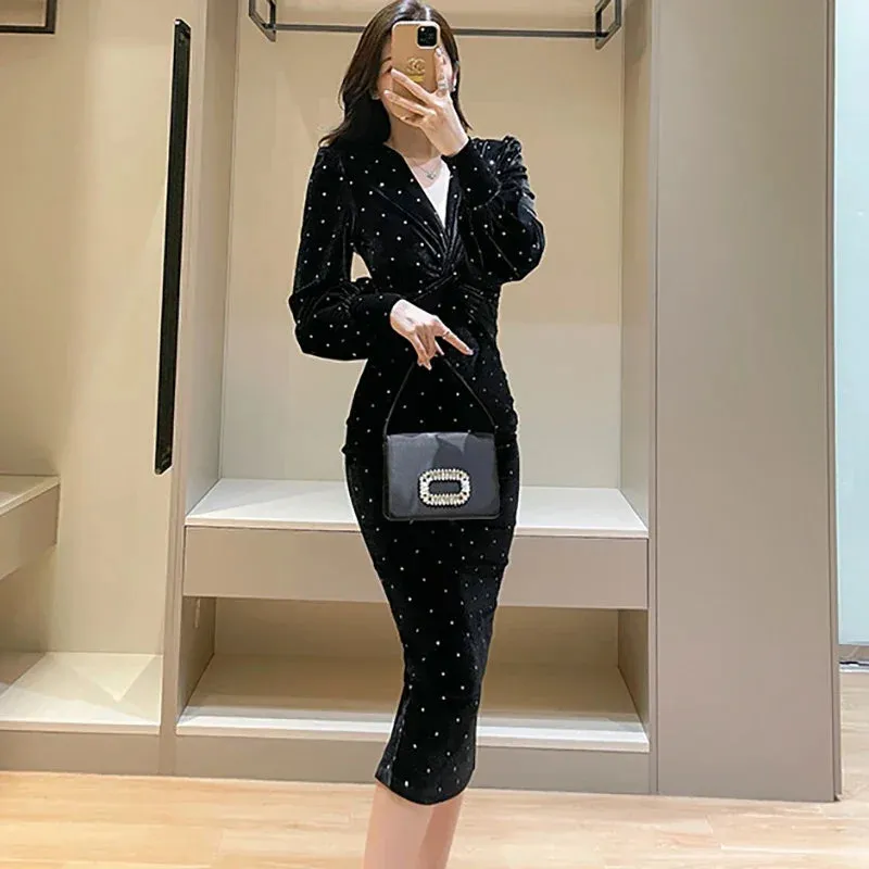 Uniwim Hepburn Black Velvet Polka Dot Bodycon Women's Long Dress Autumn Winter Luxury Party Vestidos 2024 Korean Elegant Evening Dress