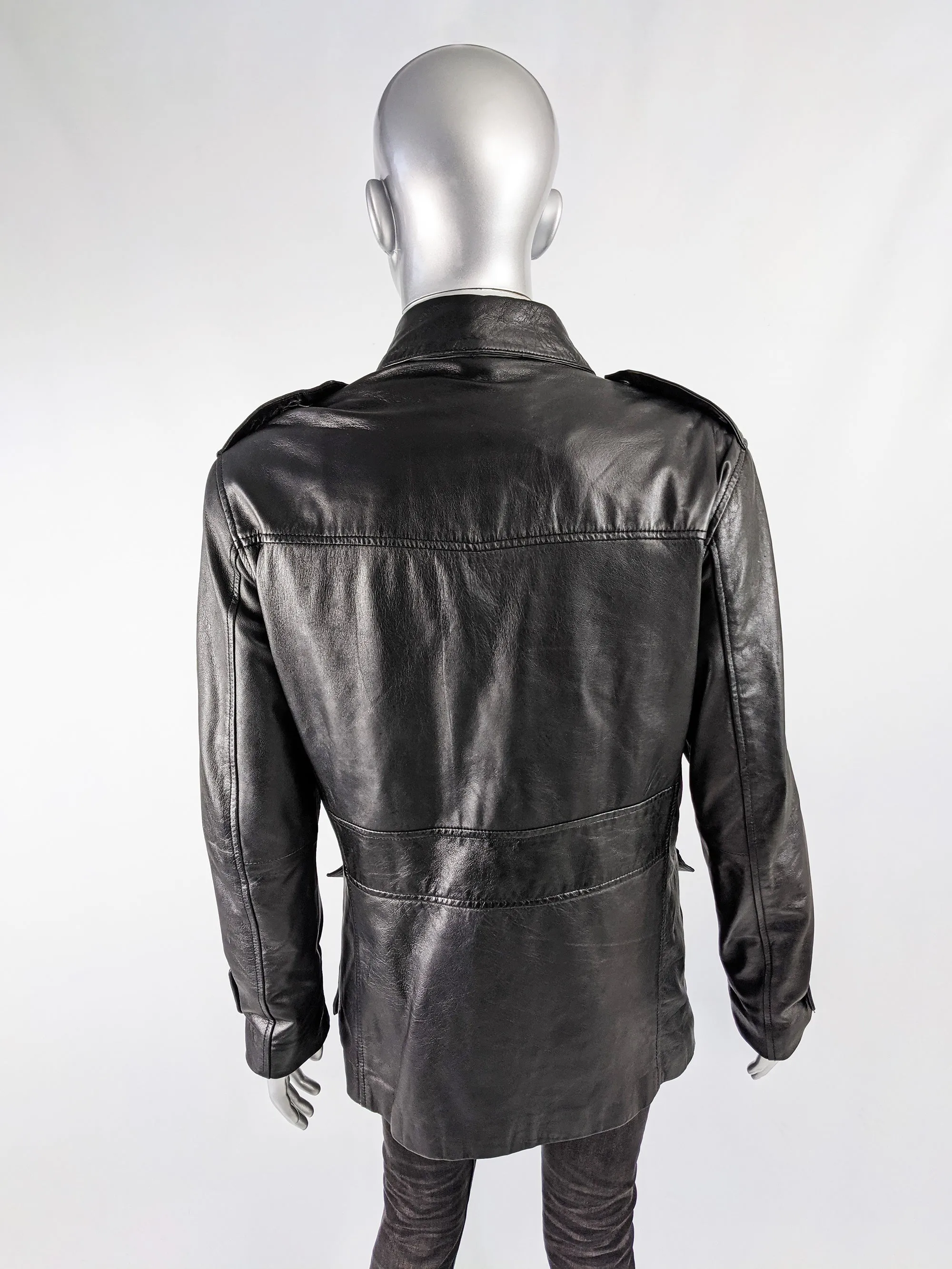 Vintage Mens Safari Style Black Leather Half Norfolk Jacket, 1990s