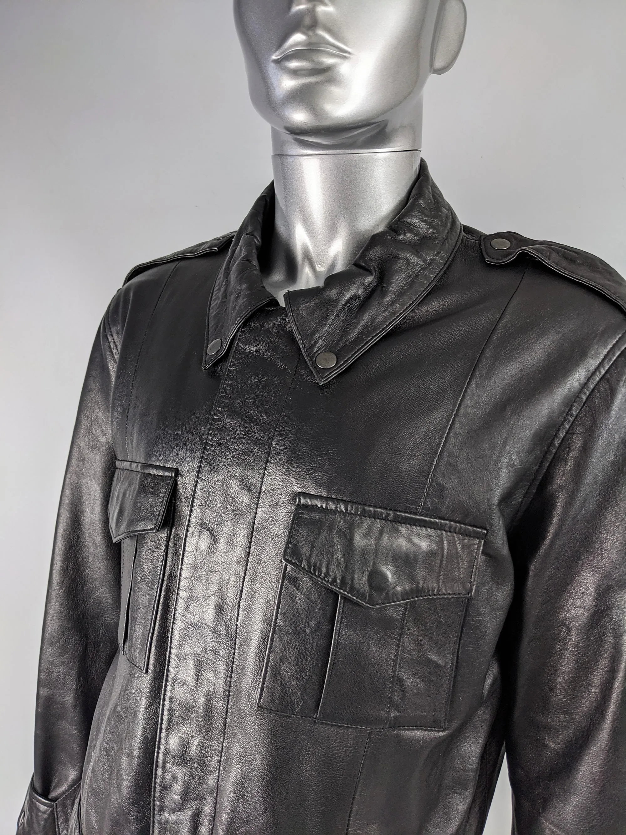 Vintage Mens Safari Style Black Leather Half Norfolk Jacket, 1990s