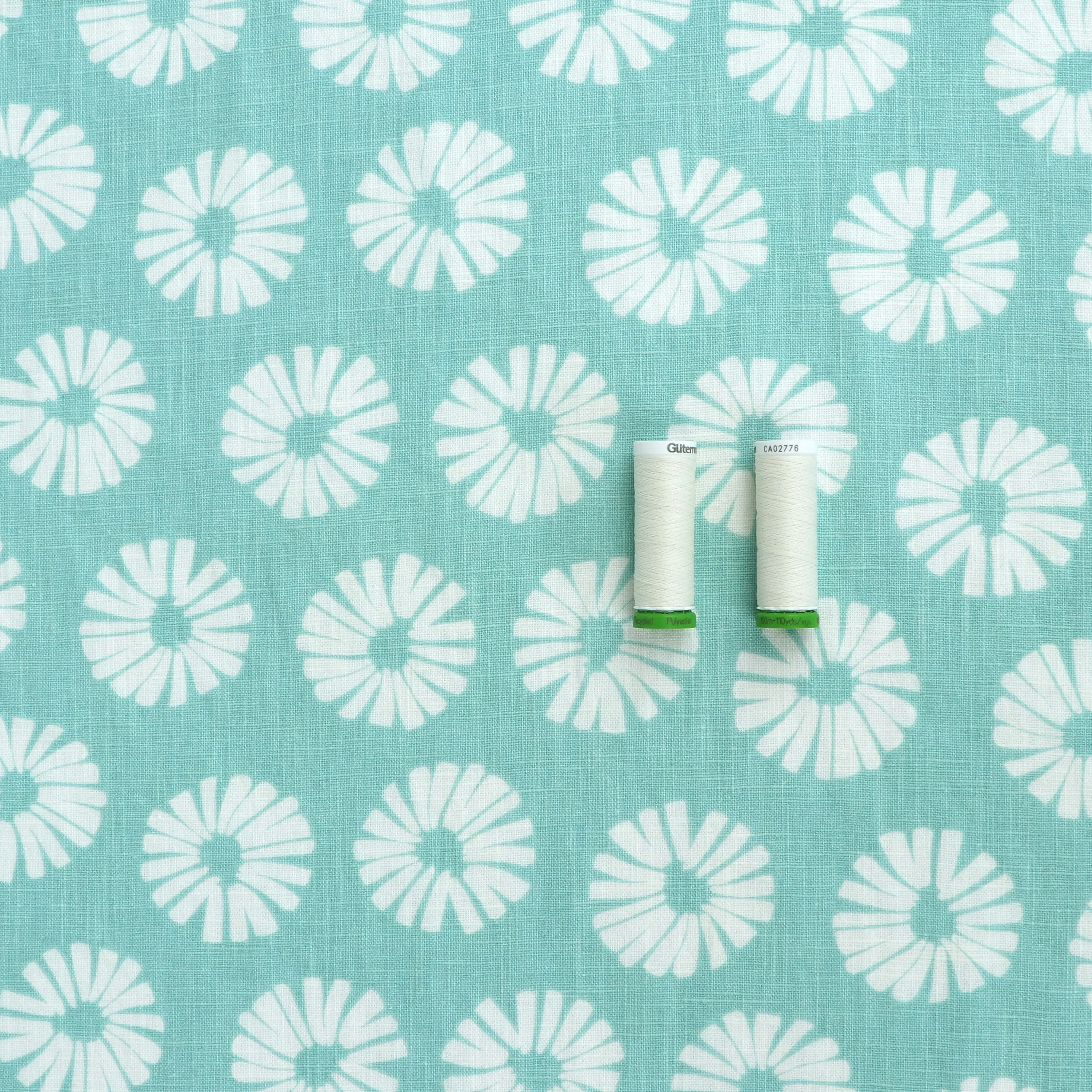 Washed Linen Cotton - Floral Stamp - Mint - SALE