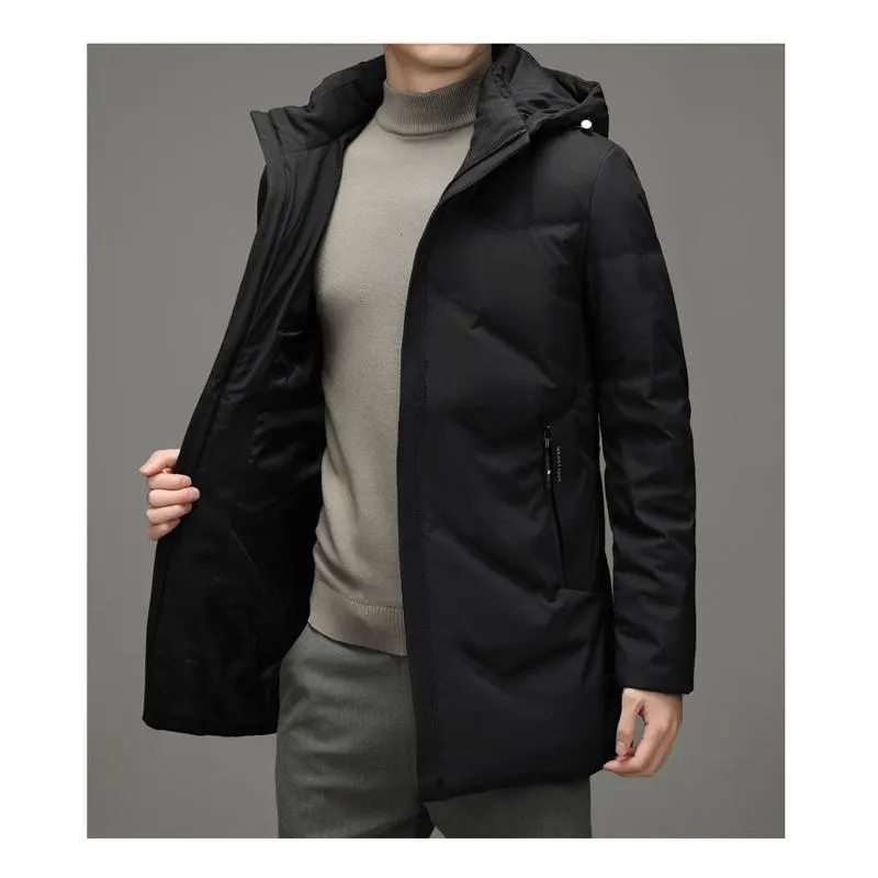 White Duck Down Hooded Thigh-Length Down Coat