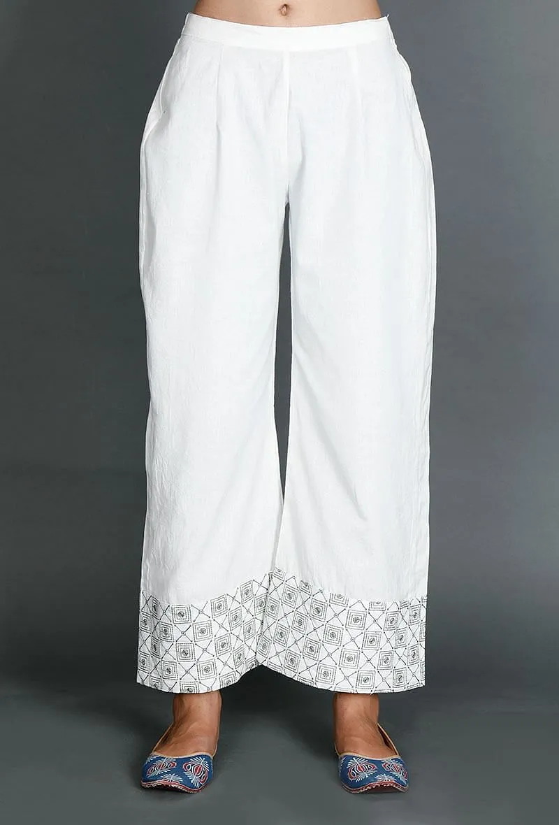 White Palazzos With Kantha Border