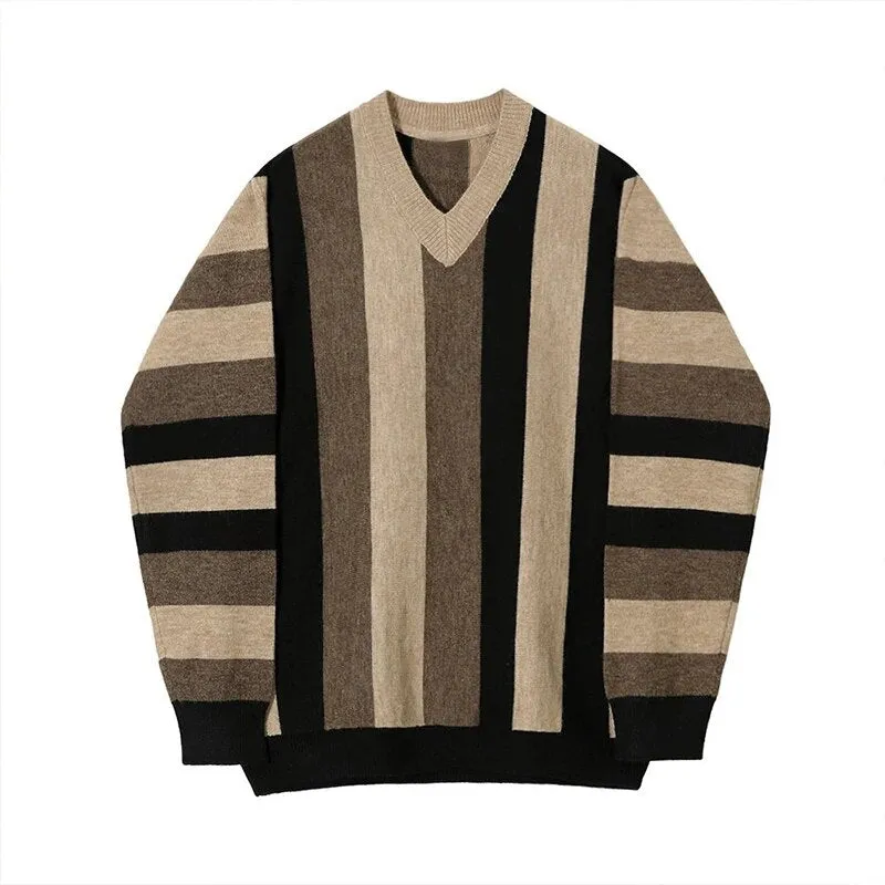 Wiaofellas Autumn Men's Casual Knitted V Neck Pullover Sweater Light Luxury Korean Patchwork Leisure Long Sleeve Tops Winter Clothing