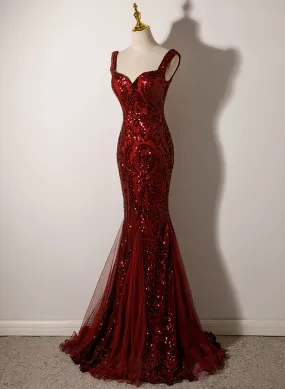 Wine Red Mermaid Sequins Long Formal Dress, Wine Red Straps Prom Dress Evening Dress