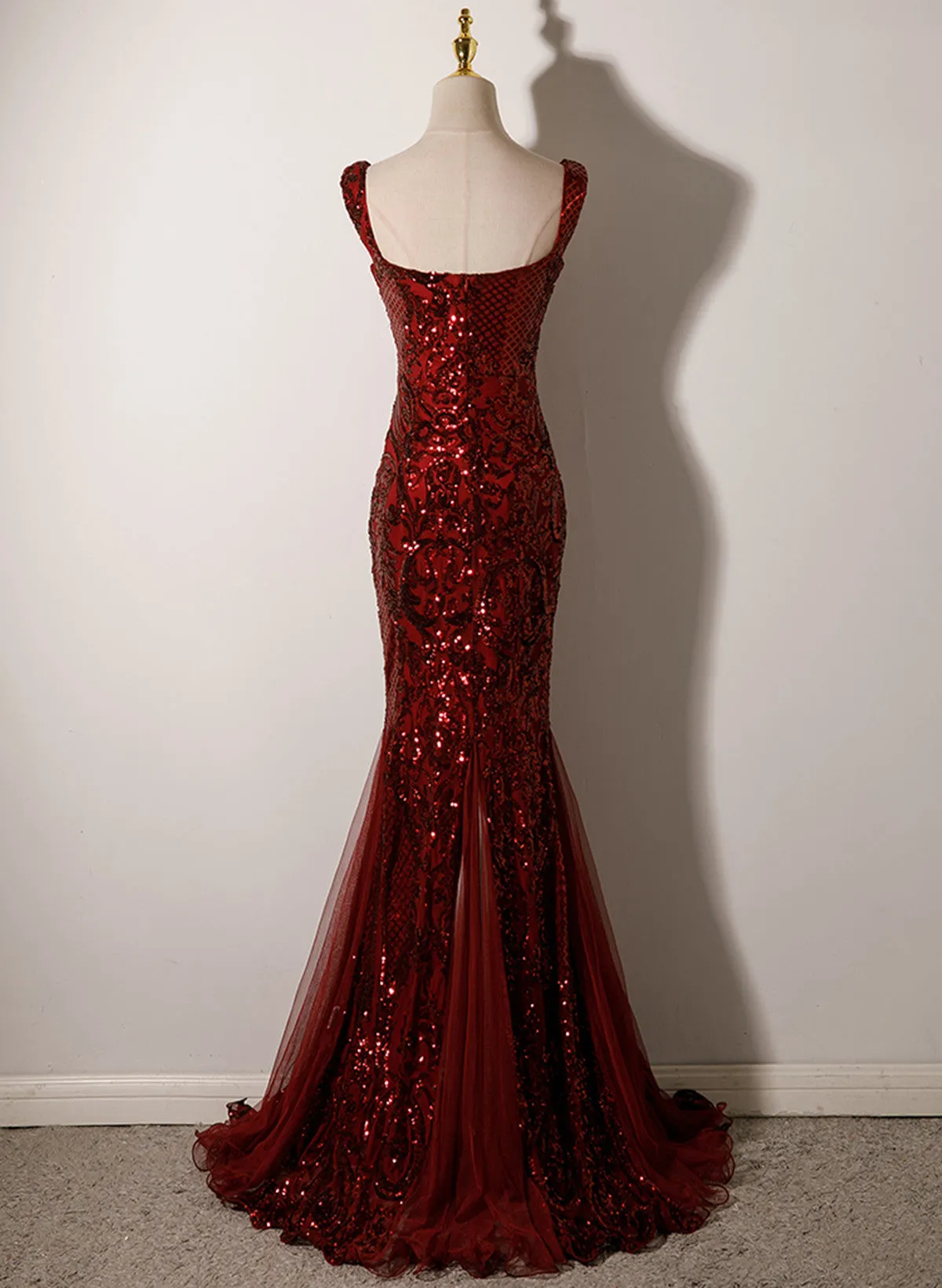 Wine Red Mermaid Sequins Long Formal Dress, Wine Red Straps Prom Dress Evening Dress