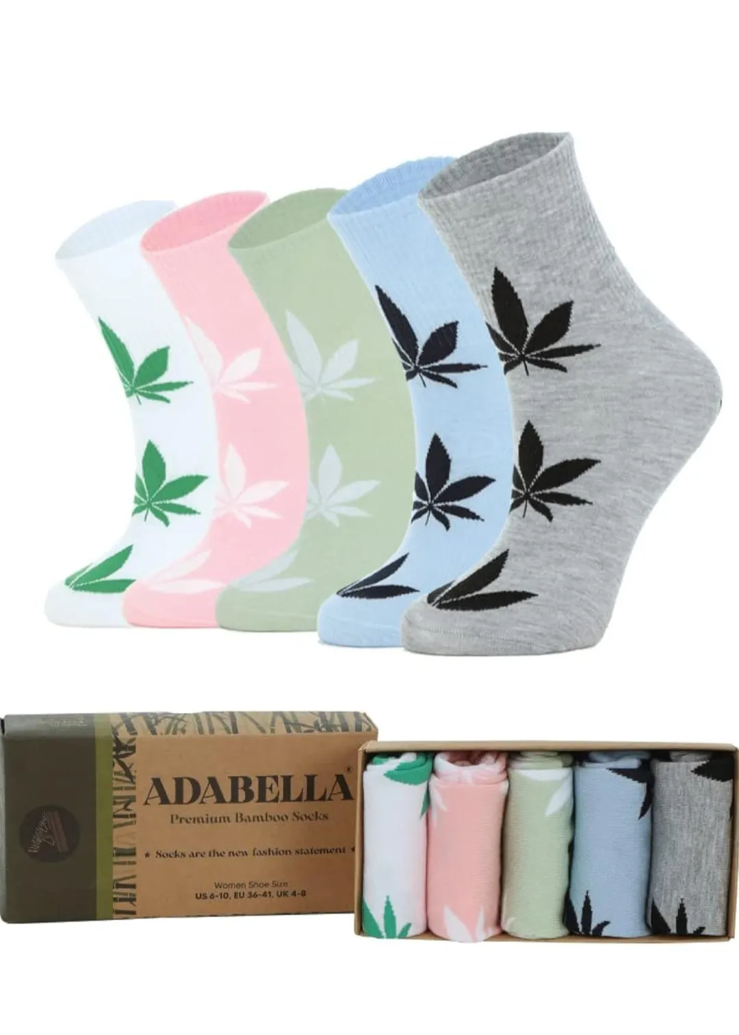 (Women) Adabella Above Ankle Premium Bamboo Socks/5 Pack/Soft/Comfortable/Thin/Seamless/Moisture Wicking/Breathable/5 Pack/Size 6-10